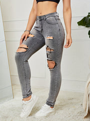 High Waist Distressed Jeans High Strech Solid Street Style Denim Pants