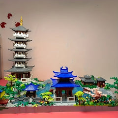Large Building Blocks Toy with Cherry Blossoms Pagoda, Moonlit River - 3D Model