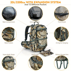 35L Waterproof Camo Backpack Large Capacity Bag for Men with Rain Cover