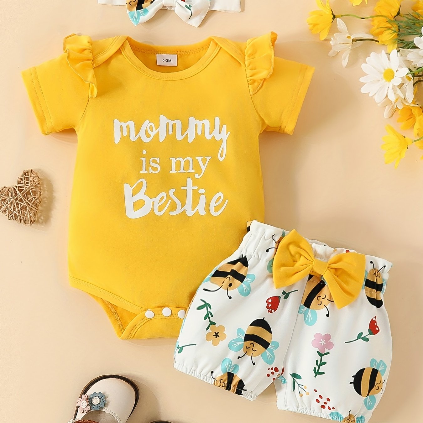 3pcs Baby Girls Mommy Is My Bestie Bee Flowers Onesie & Shorts Set