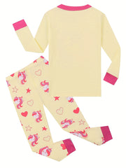 2 Pcs Girls' Unicorn Cotton Pajamas Set Crew Neck Long Sleeve T Shirt & Pants