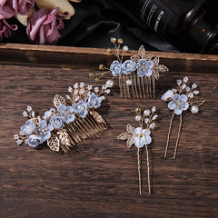 Hanfu Hair Comb Faux Pearl Flower Leaf Metal Hairpin Vintage Chinese Style
