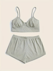 Ribbed Pajama Set V Neck Cami Top & Elastic Waistband Shorts