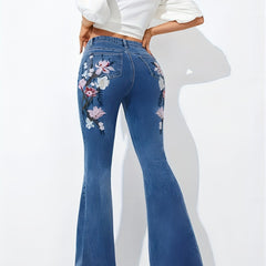 Floral Embroidery Flare Leg Jeans Medium Wash