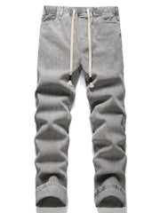 Men's Drawstring Jeans Men's Casual Street Style Straight Leg Denim Pants