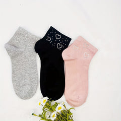 5 Pairs Heart Rhinestone Socks Comfy Crew Short Socks Women's Stockings