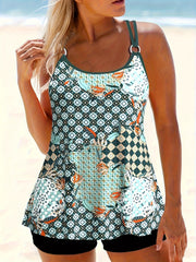 Retro Tankini Set Women's Geo Pattern Cami Top & Shorts Swimsuit