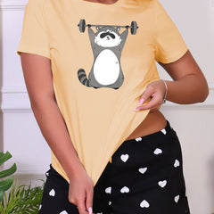 Raccoon Print Sleep Top Short Sleeve Crew Neck Women's Loungewear