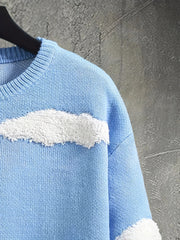 Cloud Chenille Embroidery Crew Neck Pullover Sweater for Men