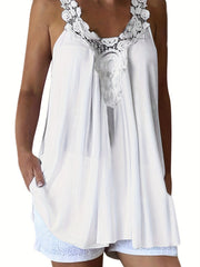 Floral Lace Stitching Tank Top Crew Neck Summer Sleeveless