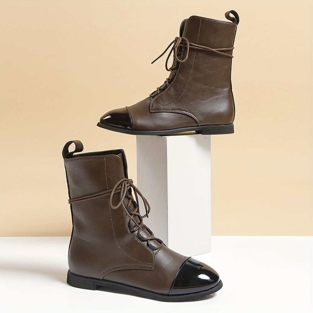 Women Faux Leather Lace Up Ankle Boots Comfortable Non Slip Combat Boots
