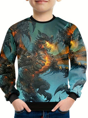 3D Fire Dragon Print Kid's Sweatshirt Casual Long Sleeve Top