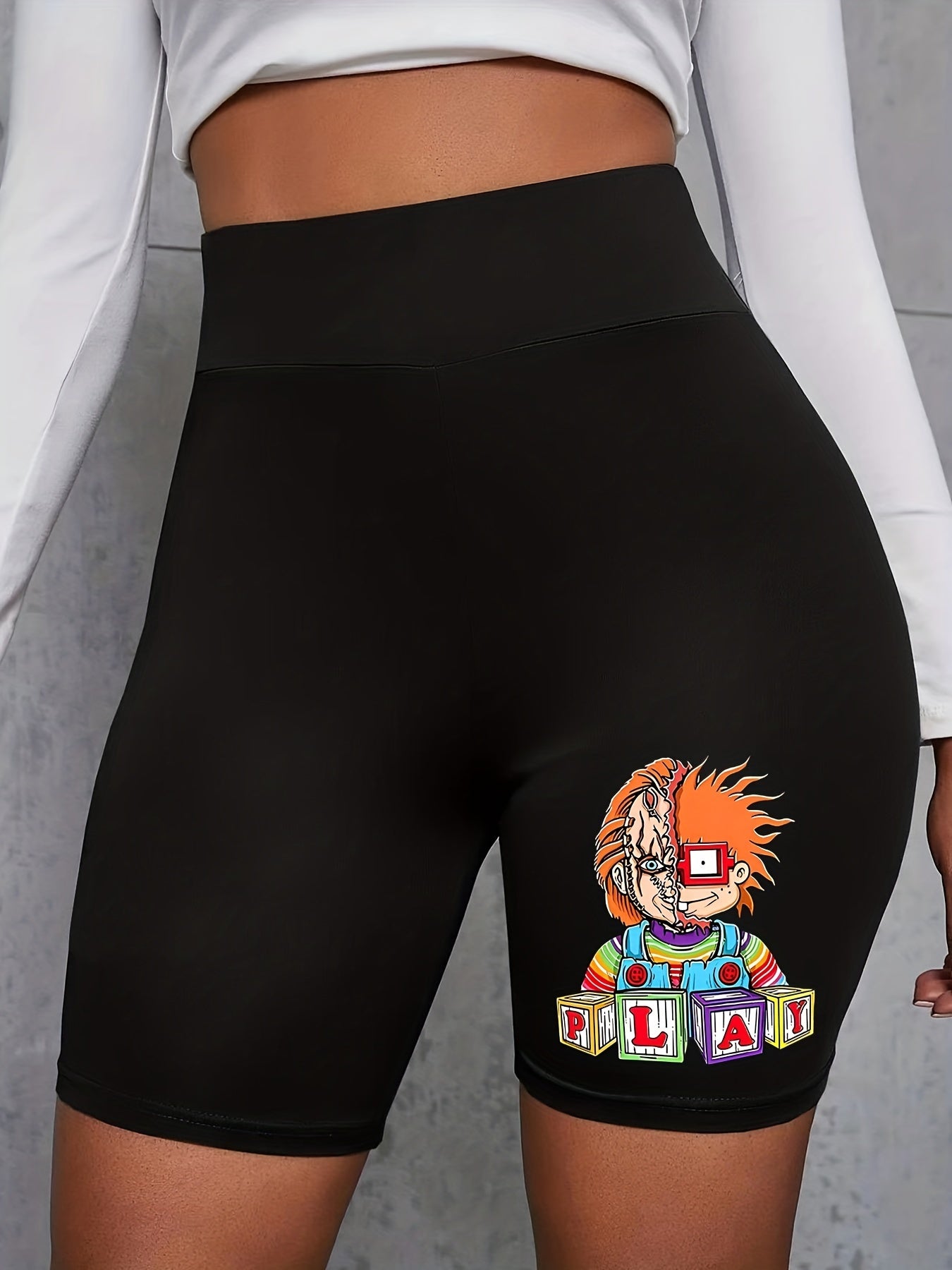 Casual Shorts Women's Plus Cartoon Figure Print High Rise Biker Shorts