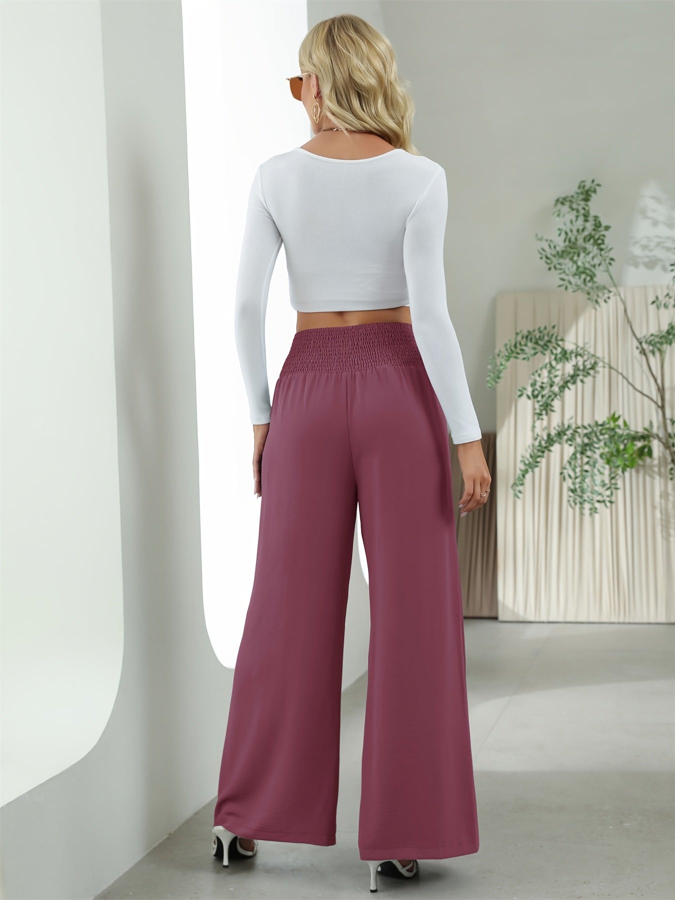 Smocked Waist Wide Leg Pants Solid Elastic Long Length