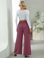 Smocked Waist Wide Leg Pants Solid Elastic Long Length