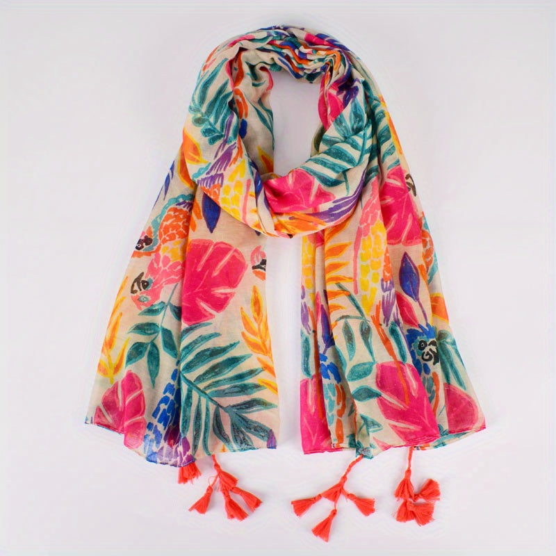 Boho Leaf Print Voile Scarf Tassel Shawl Classic Windproof Head Wrap