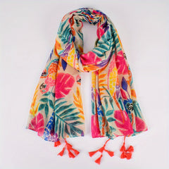 Boho Leaf Print Voile Scarf Tassel Shawl Classic Windproof Head Wrap