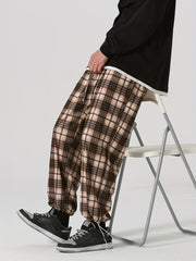 Men's Plaid Drawstring Pants Loose Casual Joggers