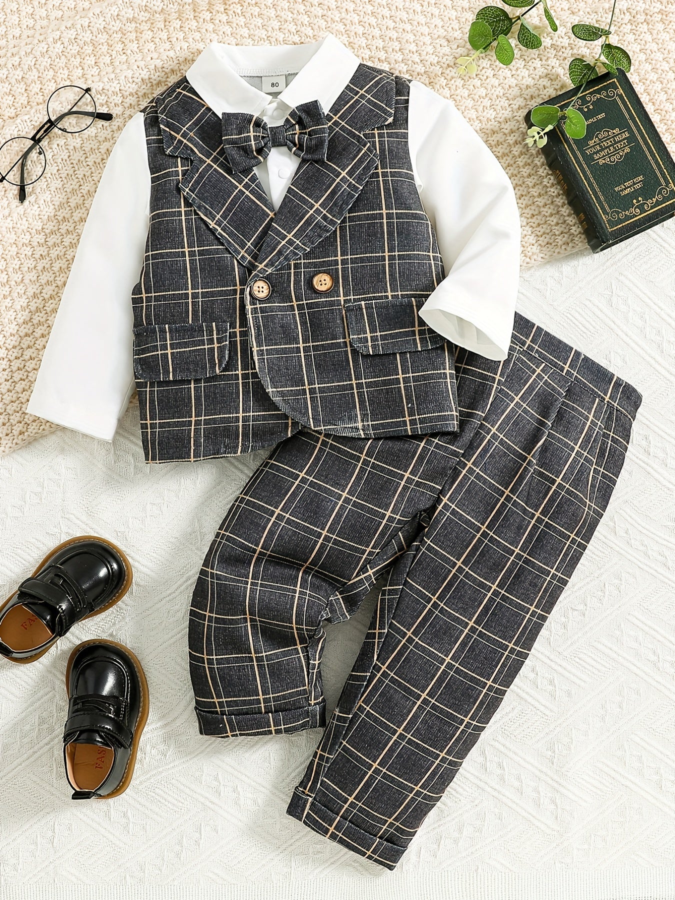 Baby Boy Gentleman Bow Plaid Suit Kids Party Christening Clothes Set