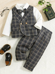Baby Boy Gentleman Bow Plaid Suit Kids Party Christening Clothes Set
