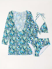 Boho Plus Bikini Set Women's Allover Print Cover Up & Halter Bra & Panty Swimsui
