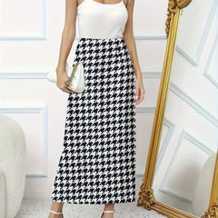 Houndstooth Print High Rise Stretch Side Split Maxi Midi Skirt