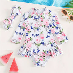 2pcs Toddlers Floral One Piece Swimsuit Set with Hair Band