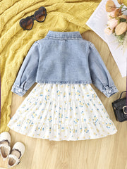 Baby Girls Stylish Denim Short Coat & Floral Print Suspender Dress Set