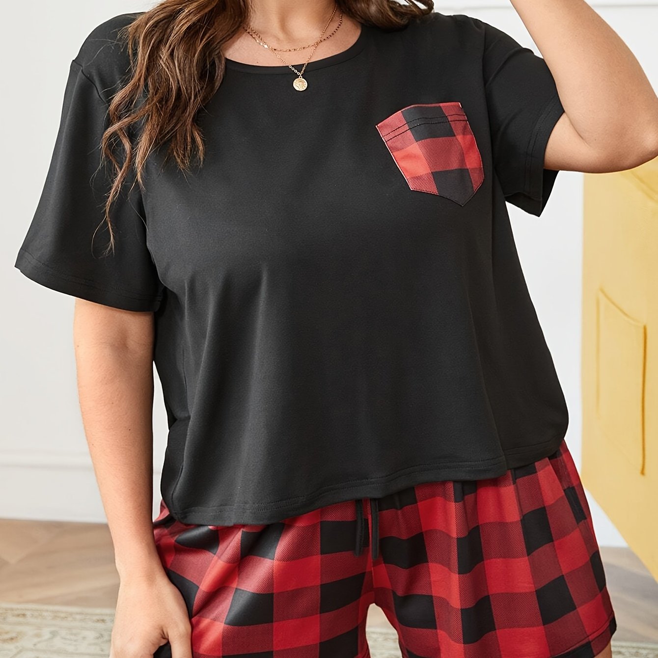 Plaid Pocket Patched Tee & Shorts Pajamas Set