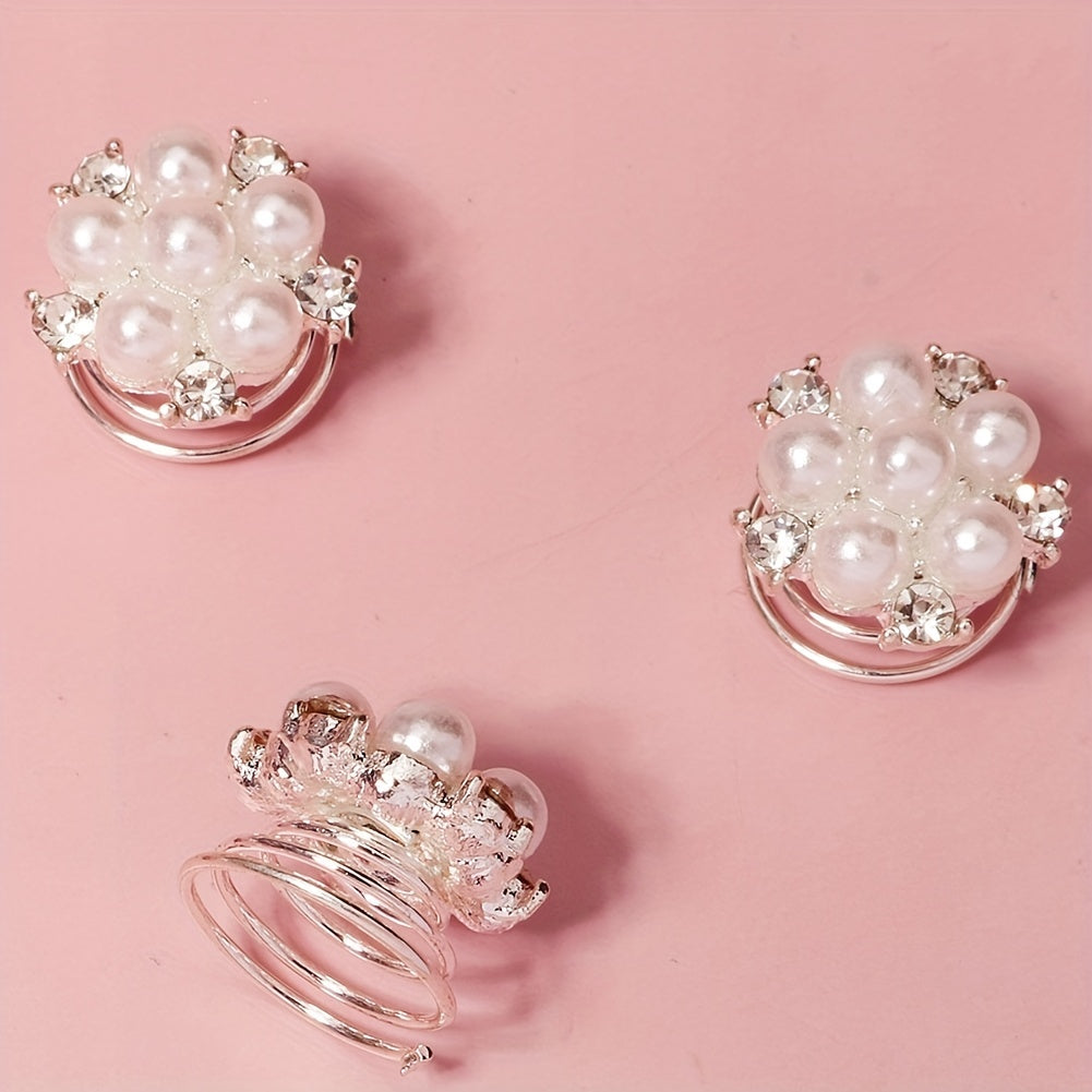 5pcs Bridal Faux Pearl Spiral Hair Ring Rhinestone Head Jewelry