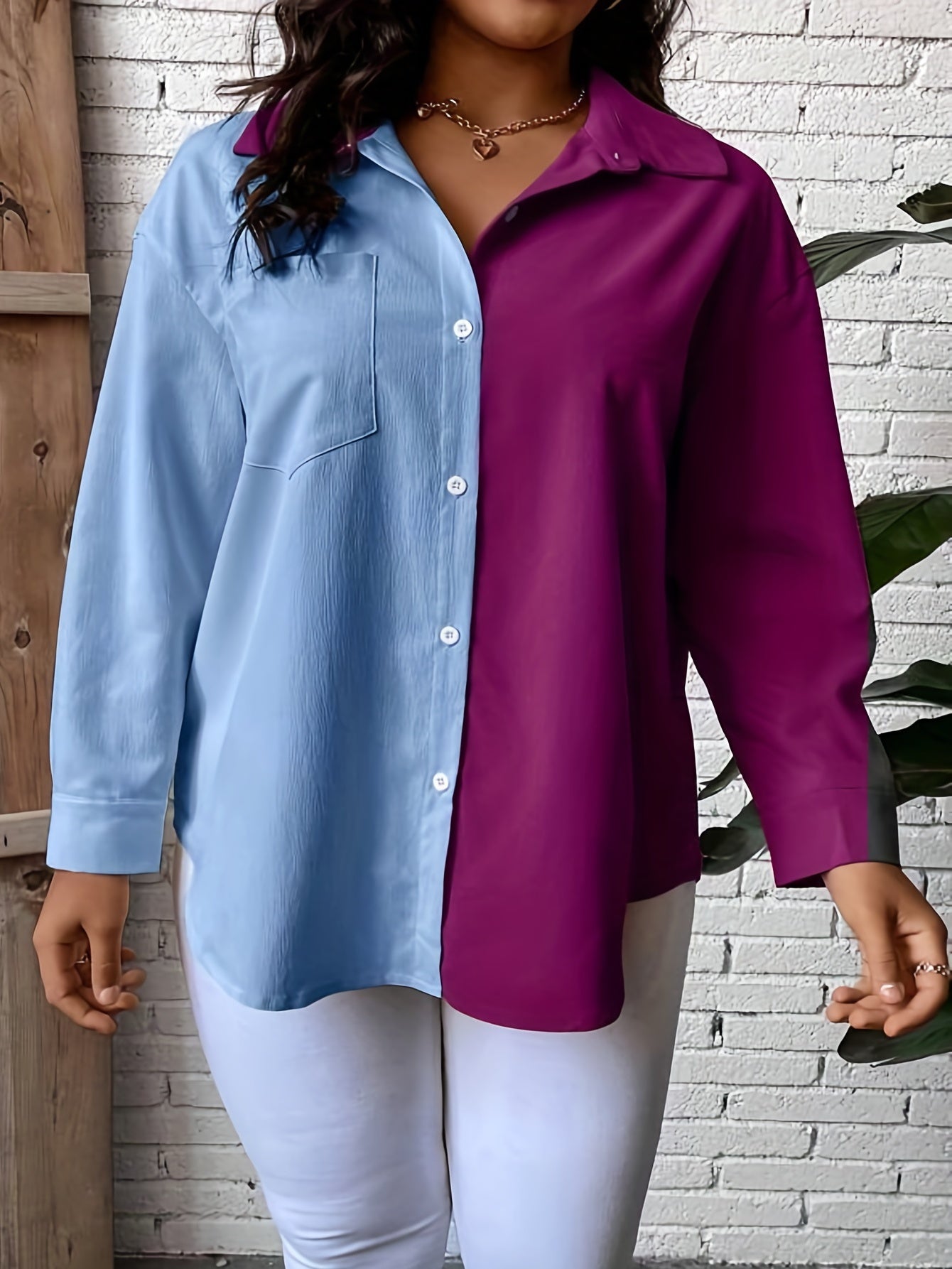 Colorblock Button Up Blouse