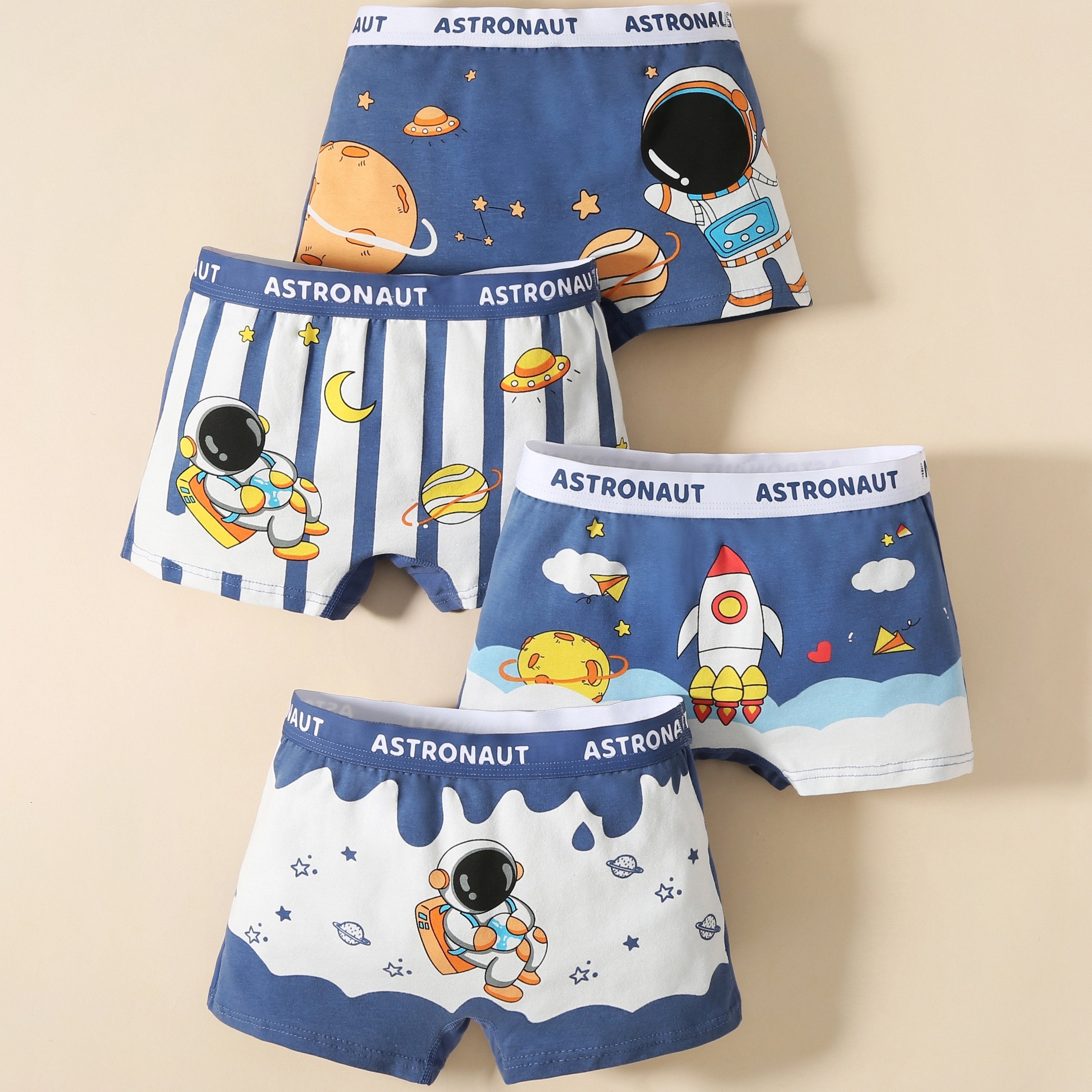 4pcs Boys Cartoon Astronaut Boxer Briefs Soft Comfortable Kids Clothes