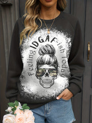 Skull Print Pullover Sweatshirt Crew Neck for Women's Clothing