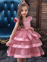 Girls Mesh Princess Dress Fly Sleeve Bow Belt Layer Dress