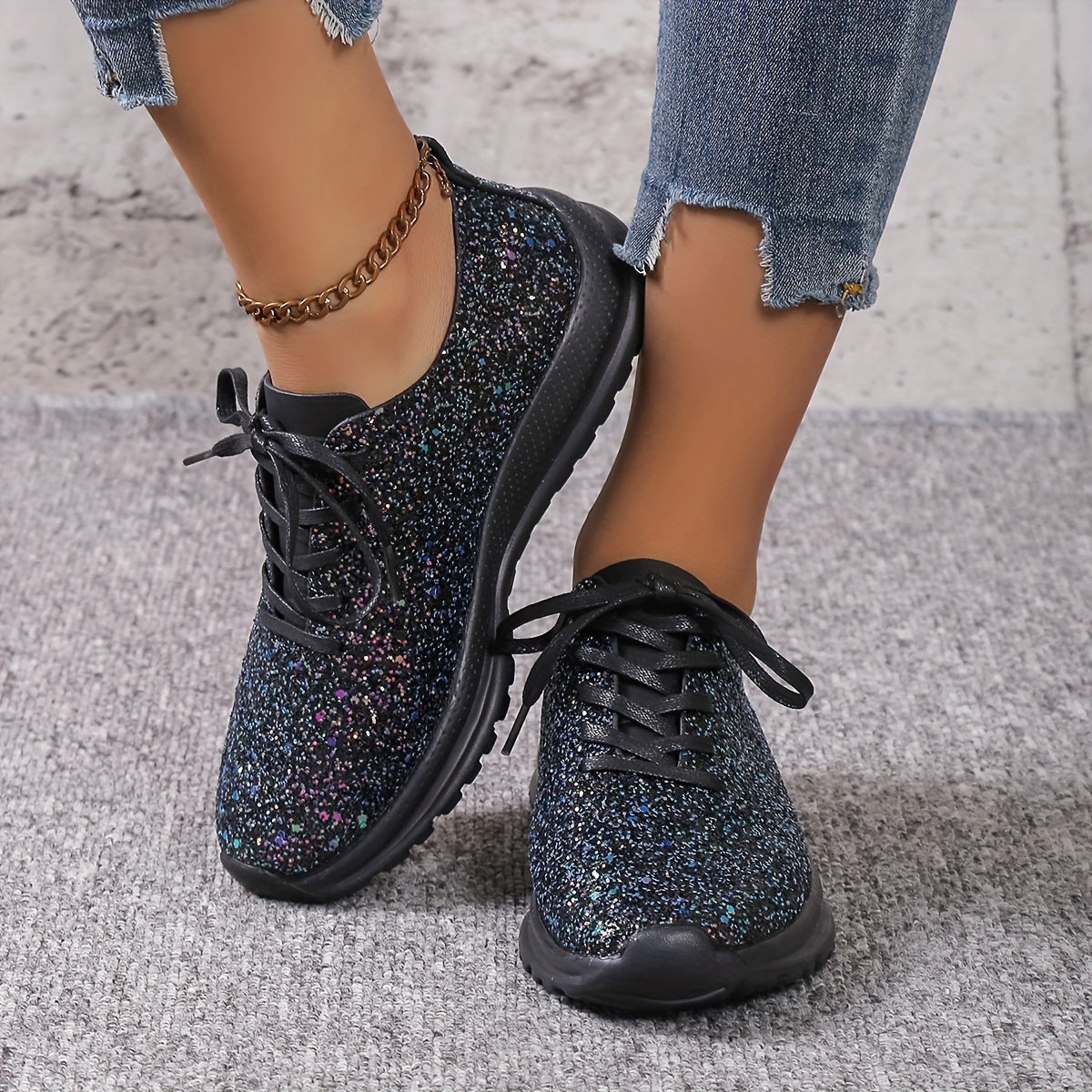 Sequins Decor Glitter Casual Walking Shoes Lightweight Lace Up Running Shoes