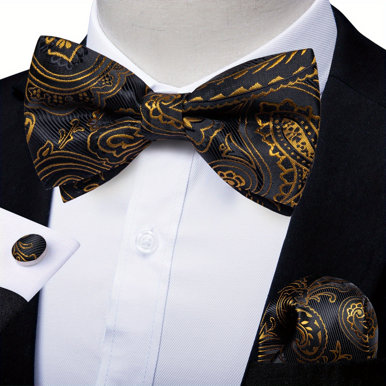 Men Silk Paisley Cravat Cufflinks Hanky Set Wedding Butterfly Tie