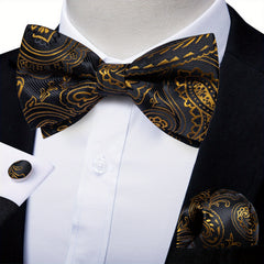 Men Silk Paisley Cravat Cufflinks Hanky Set Wedding Butterfly Tie