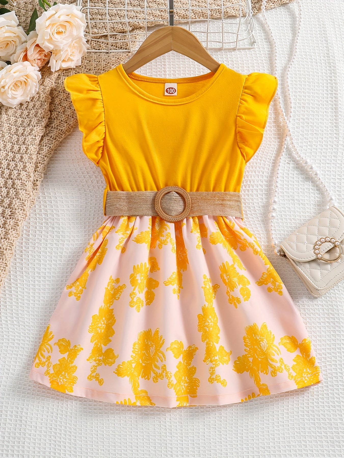 Girls Sleeveless Ruffle Crew Neck Flowers Print Splicing Princess Dress