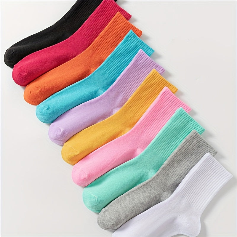 10 Pairs Solid Mid Tube Socks Women's Stockings