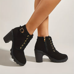 Women's Chunky Heel Short Boots Faux Leather Combat Boots