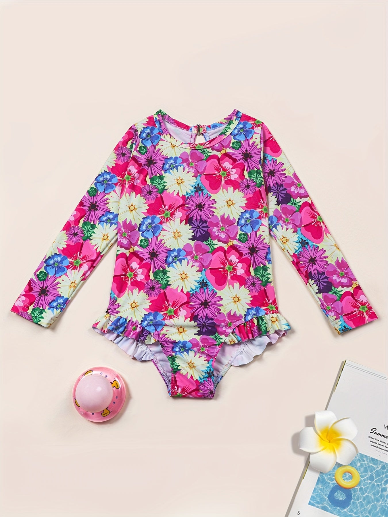 Girls One Piece Swimsuit Flamingo Tropical Flowers Long Sleeve