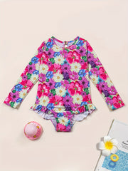 Girls One Piece Swimsuit Flamingo Tropical Flowers Long Sleeve