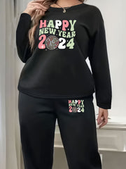 Slogan Print Fleece Lounge Set Long Sleeve Top & Joggers Pajamas