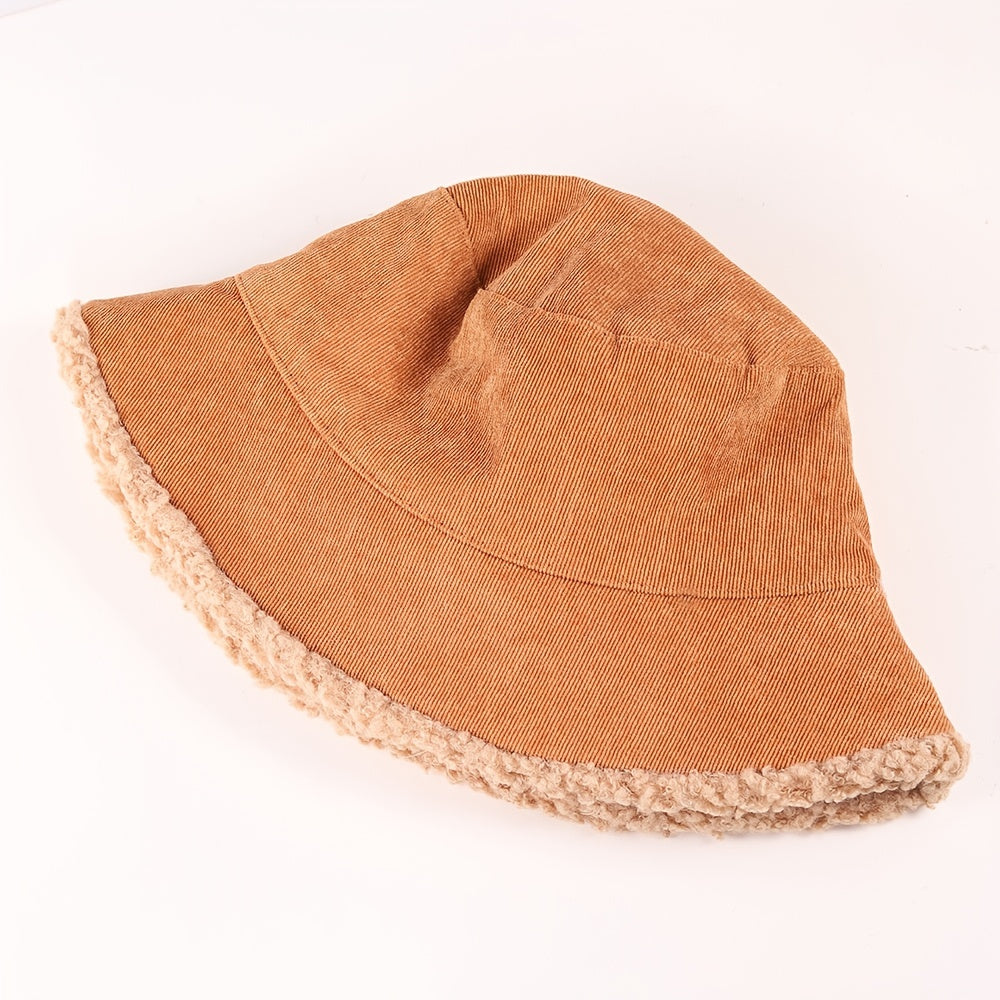 Warm Lamb Wool Bucket Hat Fleece Corduroy Flat Top 4 Colors
