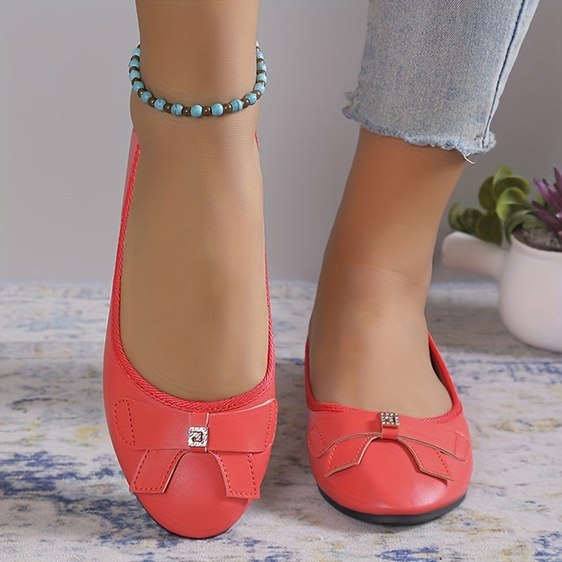 Women's Rhinestone & Bowknot Flat Shoes Slip On Faux Leather Shoes