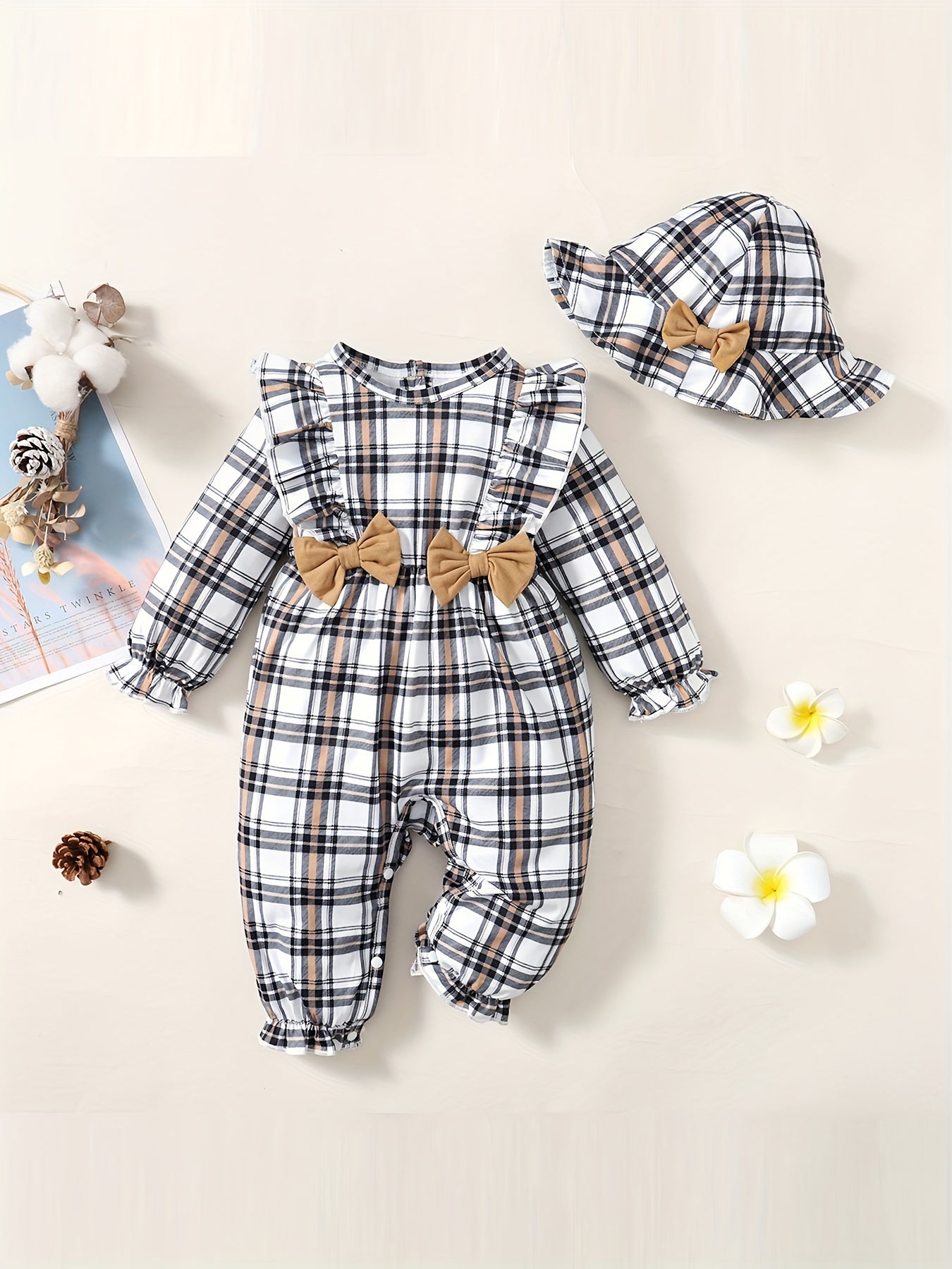 Plaid Bow Outfit Baby Girls 2pc Bodysuit & Hat Set
