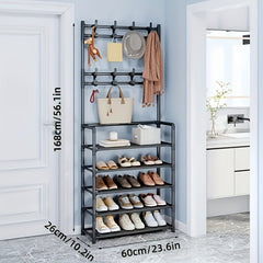 Multifunctional Shoe & Hat Rack Stainless Steel Coat Rack with 8 Hooks 5 Layers