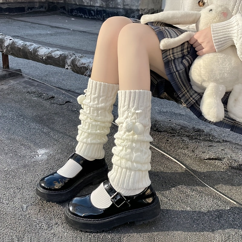 Pompom Knitted Leg Warmers Lolita Knee High Socks Women's Stockings