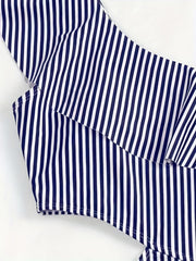 Striped Print One Shoulder Ruffle One Piece Swimsuit Cut Out Bathing Suit