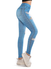 Denim Print High Waist Leggings Workout Casual Slim Yoga Pants